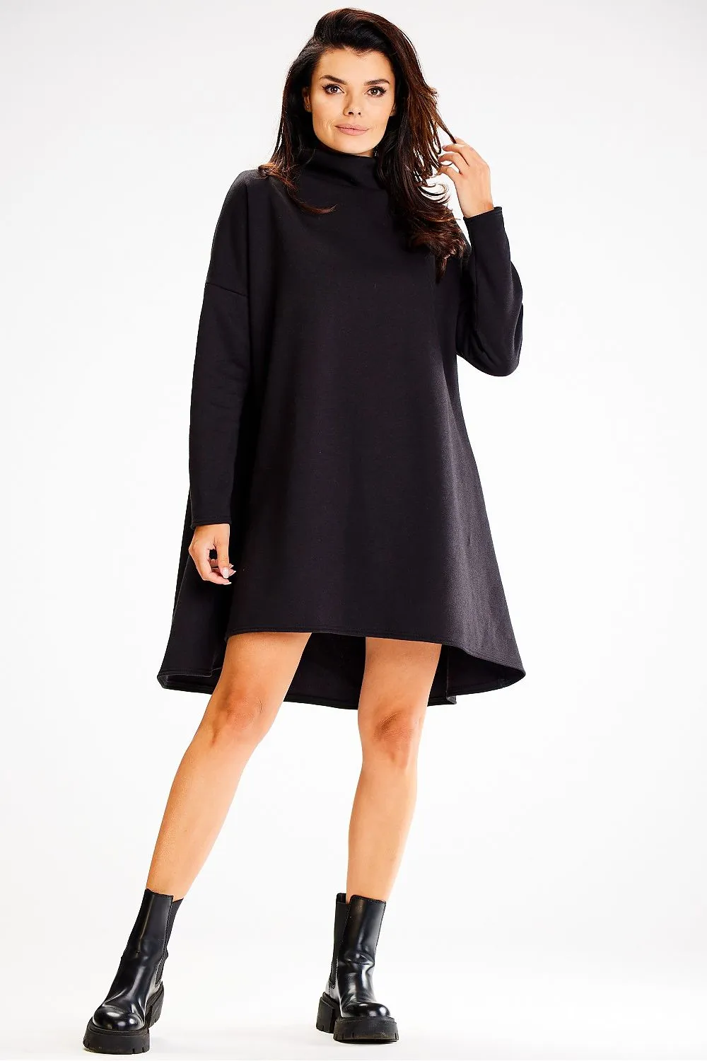 Trapezoidal Turtleneck Long-Sleeve Dress