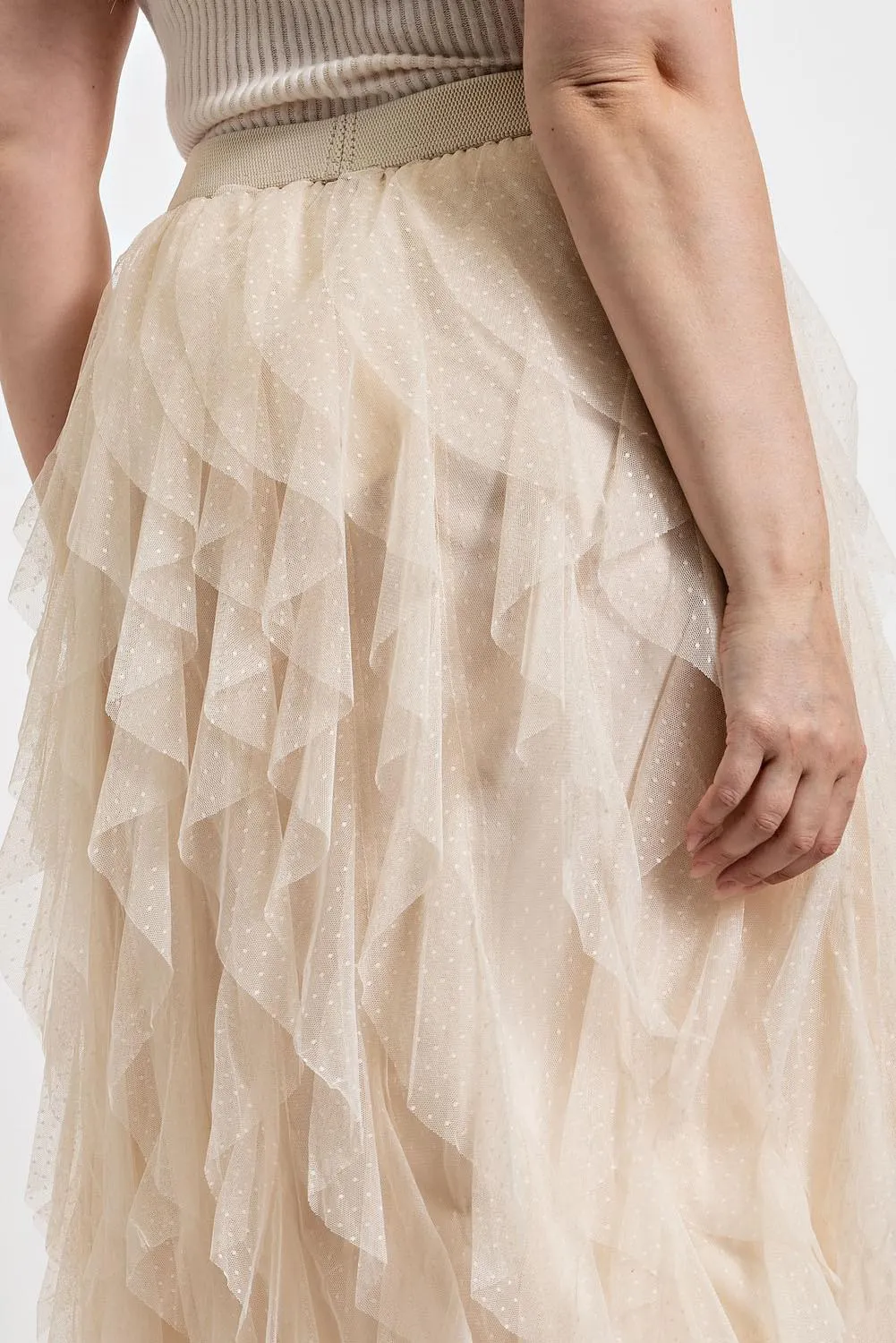 Tulle Ruffled Layered Midi Skirt - Champagne