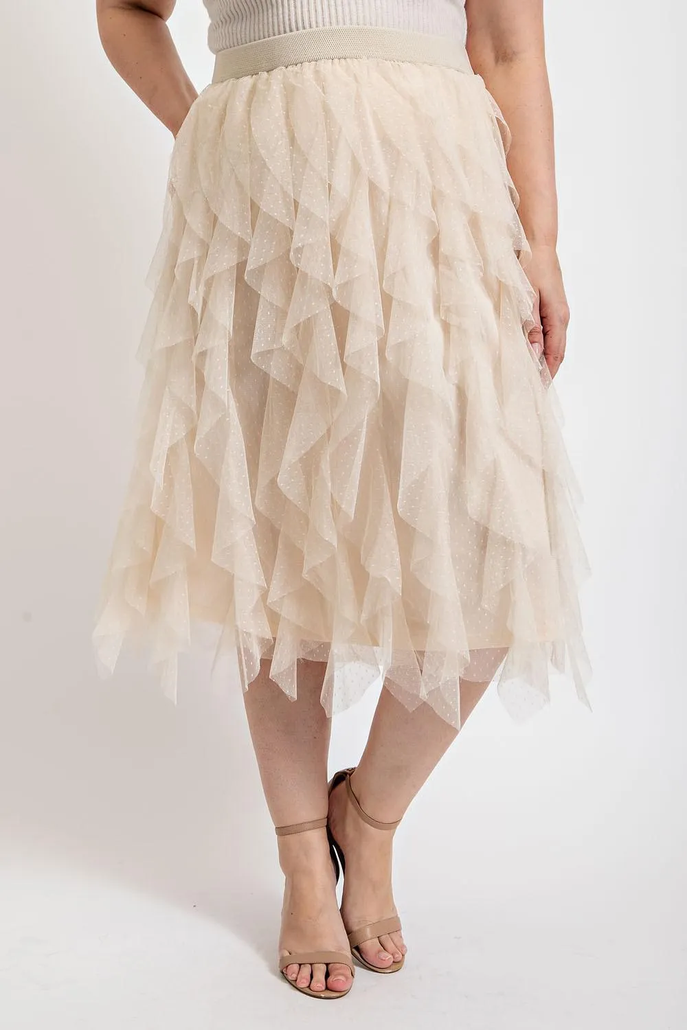 Tulle Ruffled Layered Midi Skirt - Champagne