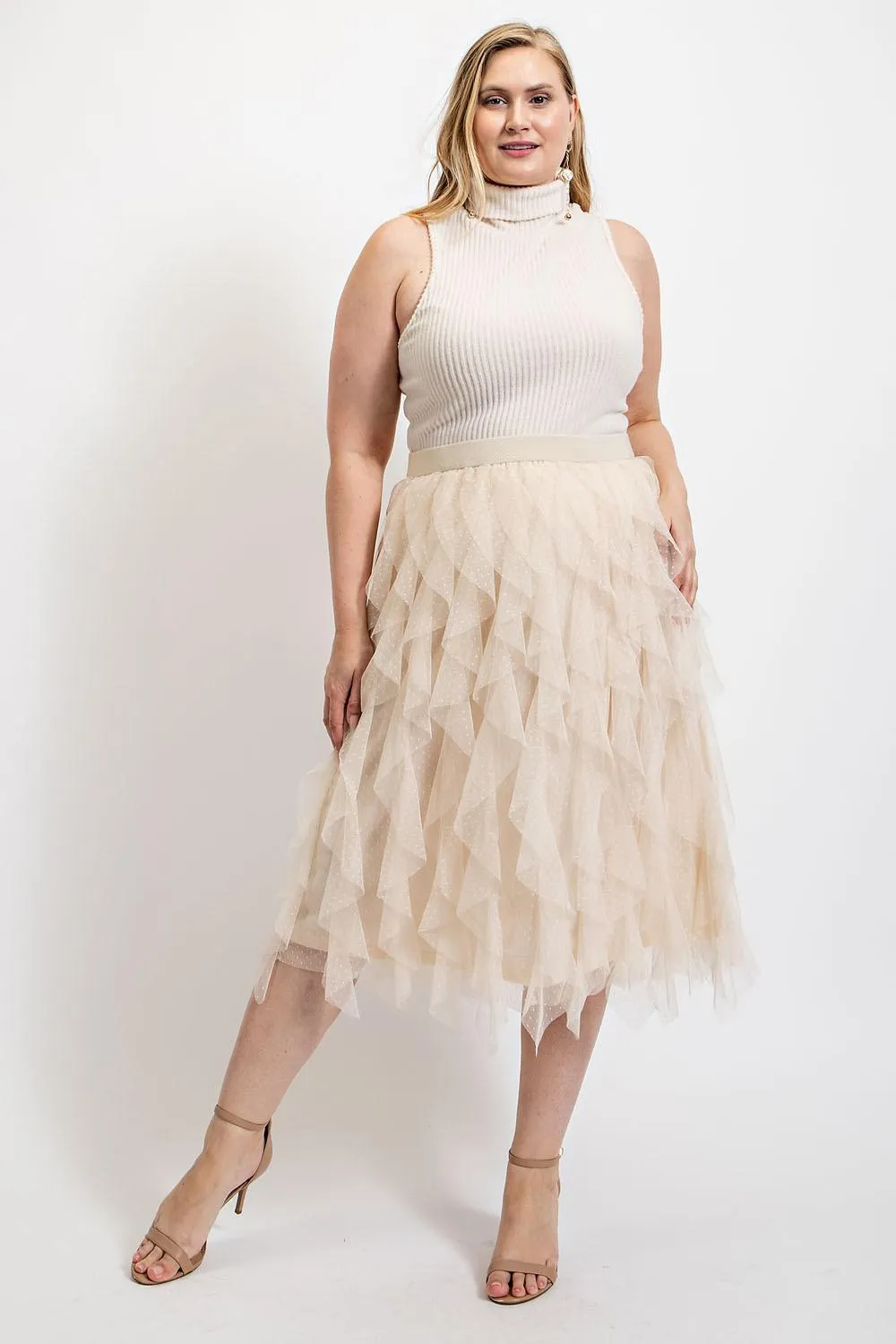 Tulle Ruffled Layered Midi Skirt - Champagne