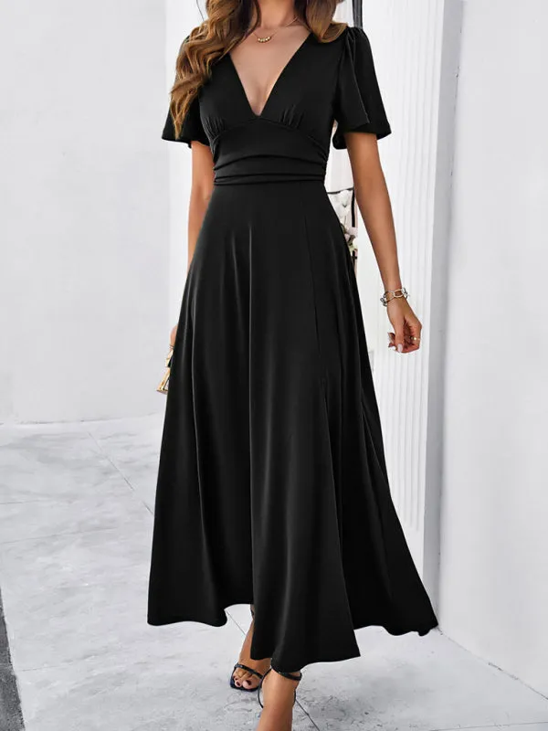 V-neck Maxi Dress with Wrap-Style Design and High Slit