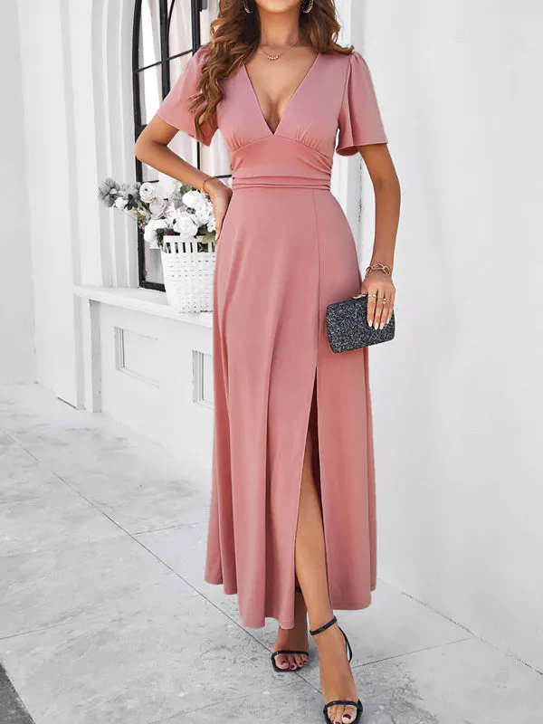 V-neck Maxi Dress with Wrap-Style Design and High Slit
