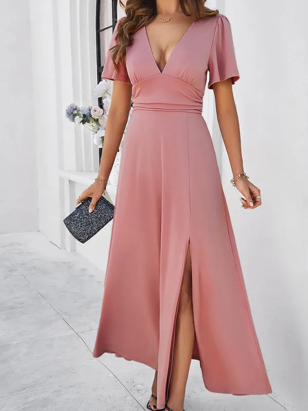 V-neck Maxi Dress with Wrap-Style Design and High Slit