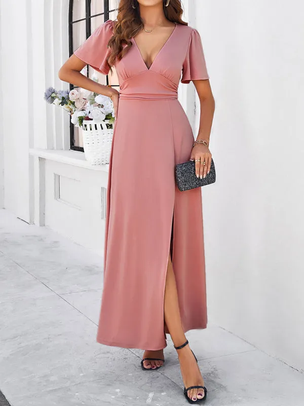 V-neck Maxi Dress with Wrap-Style Design and High Slit