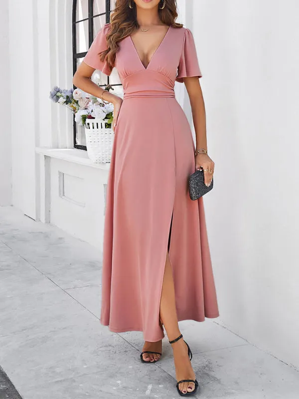 V-neck Maxi Dress with Wrap-Style Design and High Slit