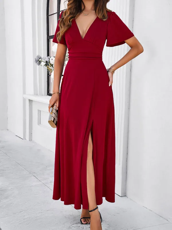 V-neck Maxi Dress with Wrap-Style Design and High Slit