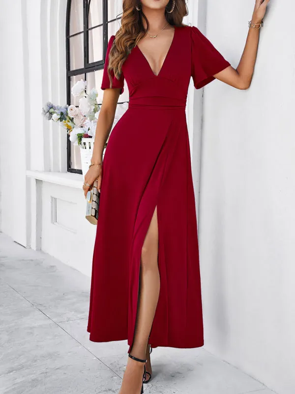 V-neck Maxi Dress with Wrap-Style Design and High Slit