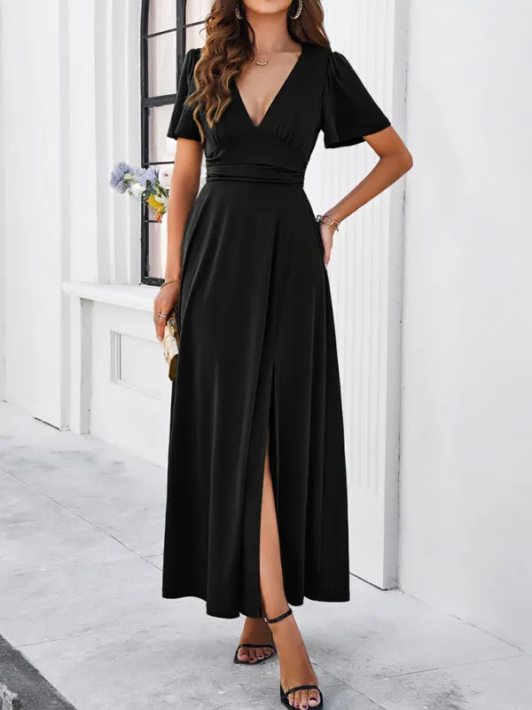 V-neck Maxi Dress with Wrap-Style Design and High Slit