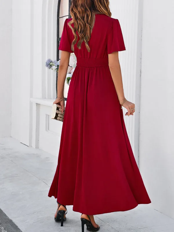 V-neck Maxi Dress with Wrap-Style Design and High Slit