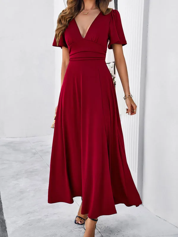 V-neck Maxi Dress with Wrap-Style Design and High Slit