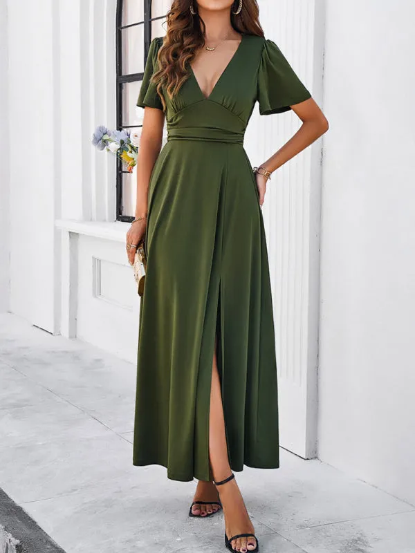 V-neck Maxi Dress with Wrap-Style Design and High Slit