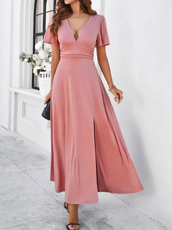V-neck Maxi Dress with Wrap-Style Design and High Slit