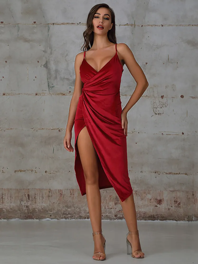 V Neck Velvet Wrap Bodycon Mini Dress