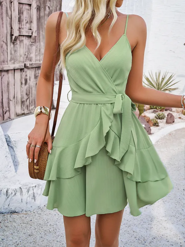V-neck Wrap Dress with Ruffled Hem and Spaghetti Straps