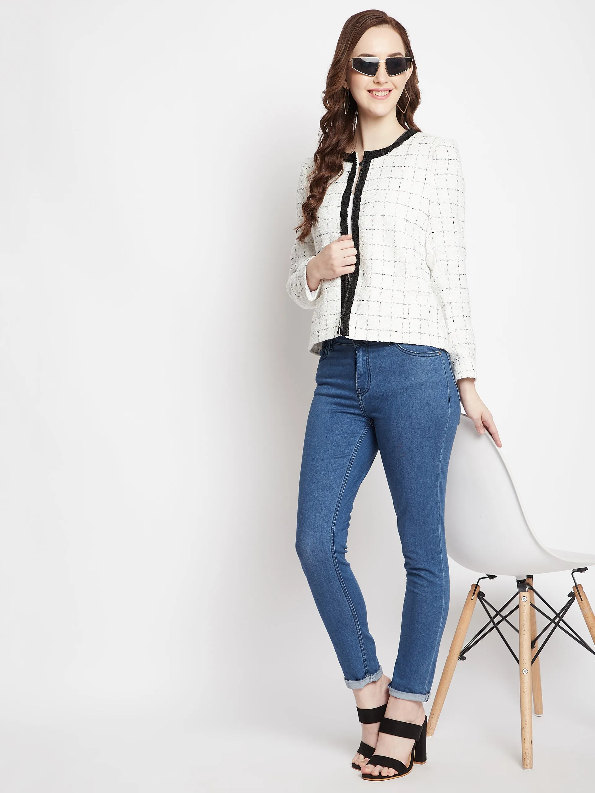 White Checked Round Neck Blazer