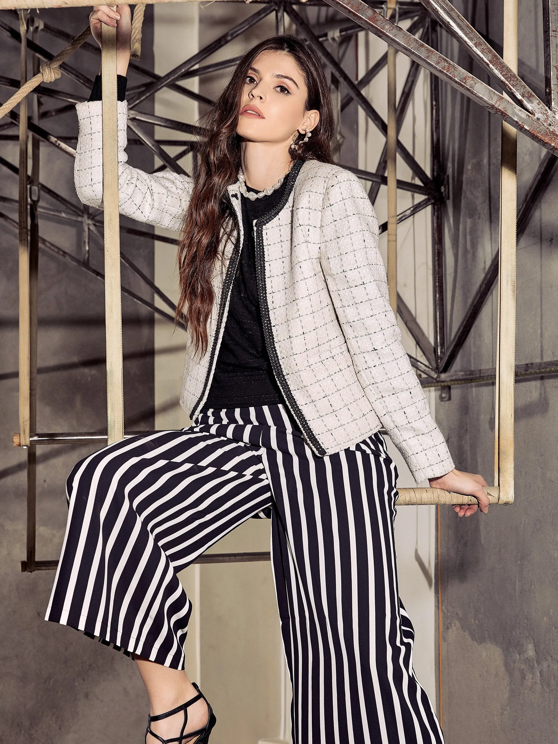 White Checked Round Neck Blazer