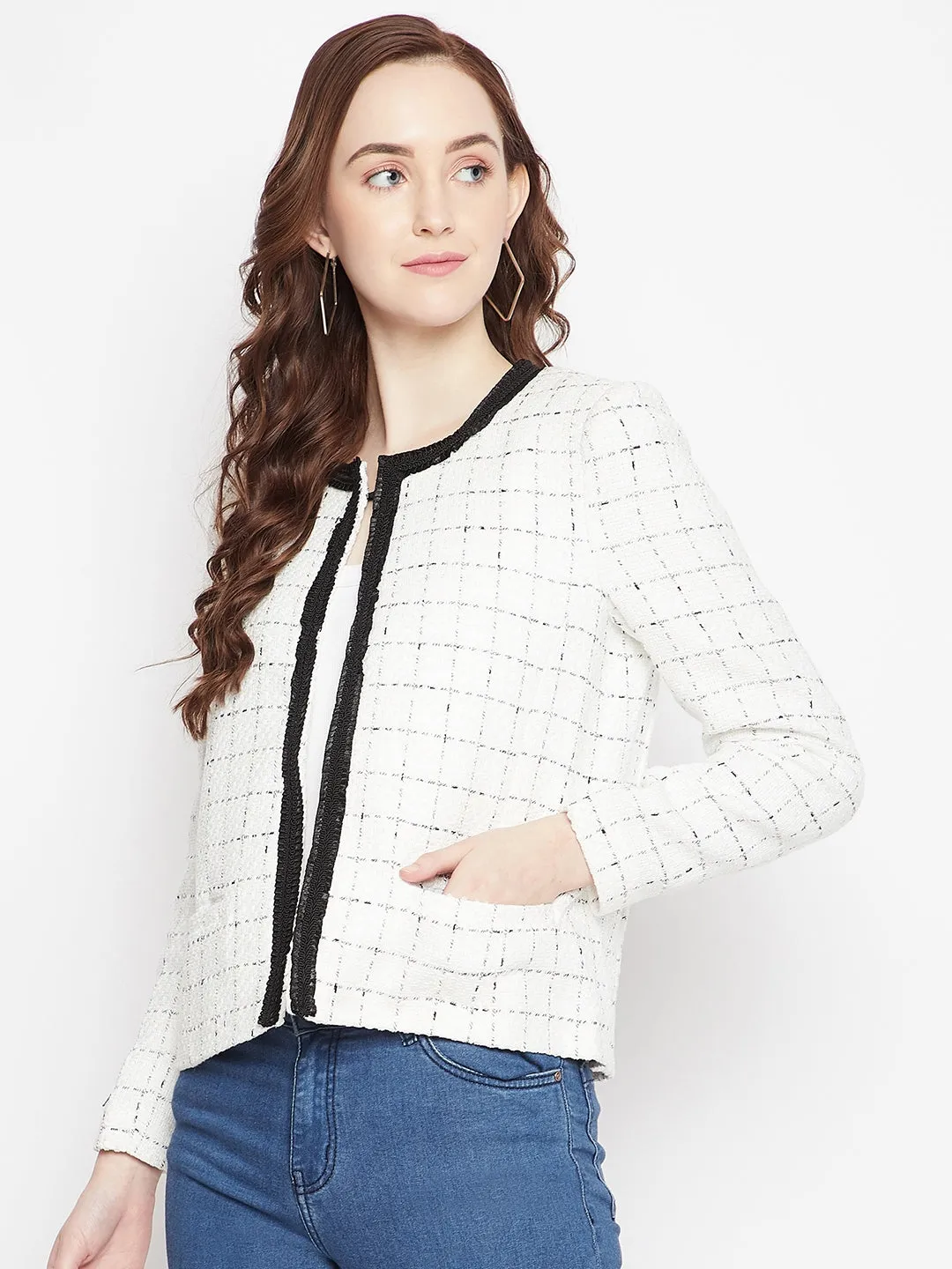 White Checked Round Neck Blazer