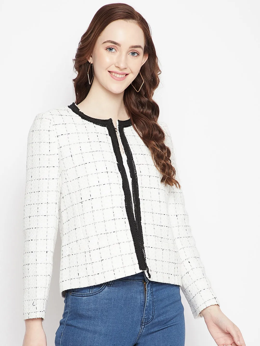 White Checked Round Neck Blazer