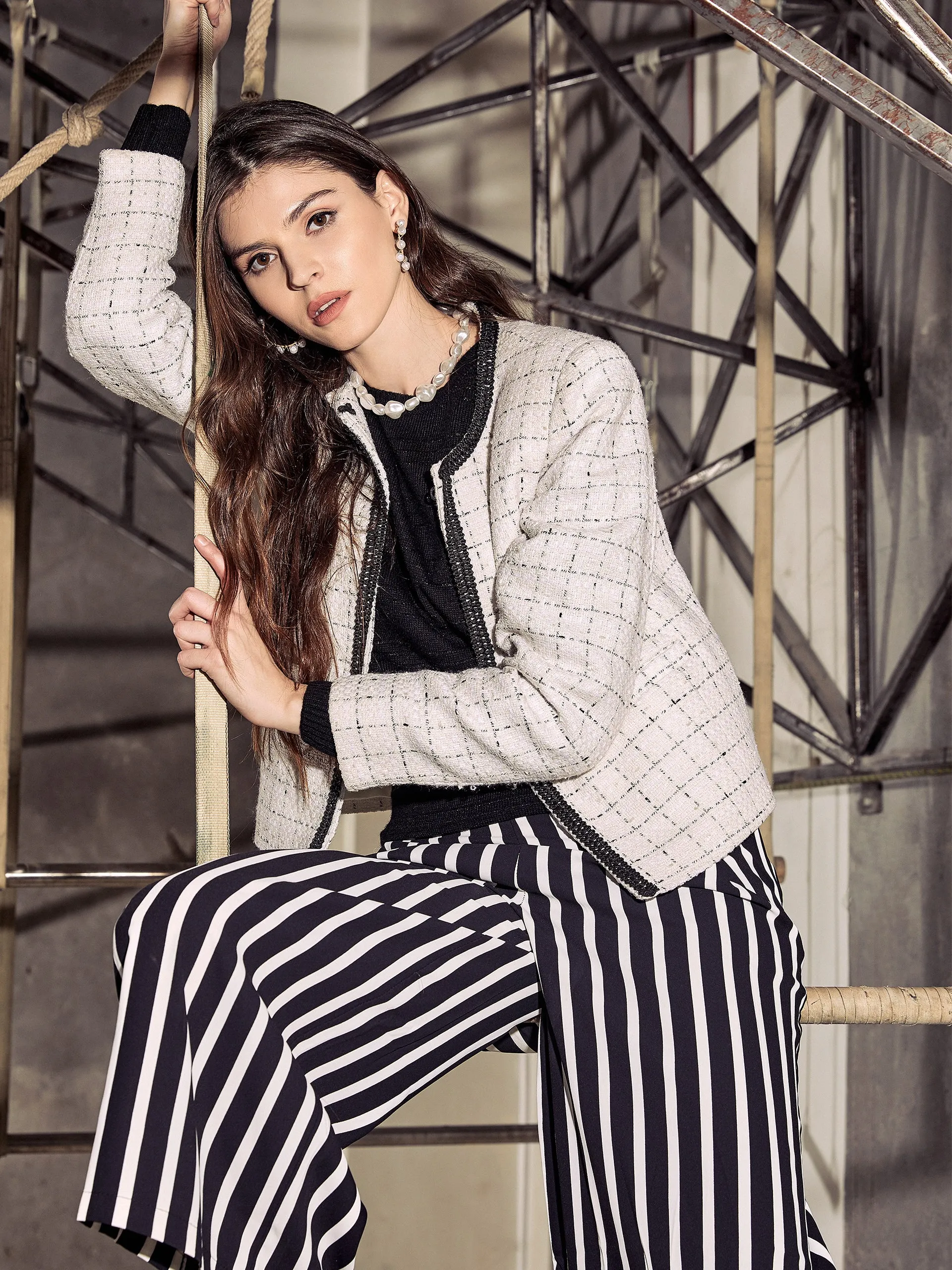 White Checked Round Neck Blazer