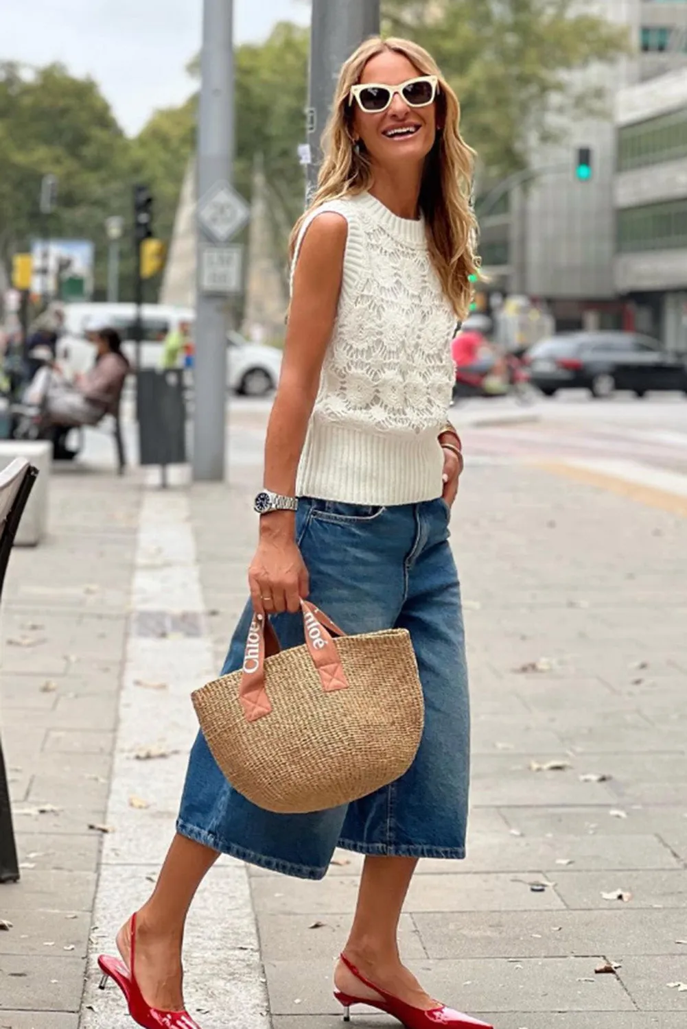 White Floral Crochet Ribbed Trim Sweater Vest
