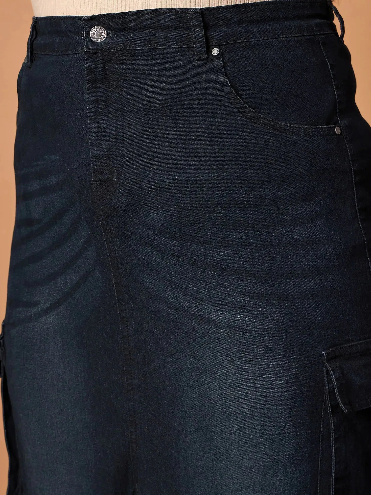 Women Black Blast Denim Side Pocket Skirt-SFSKRT30464