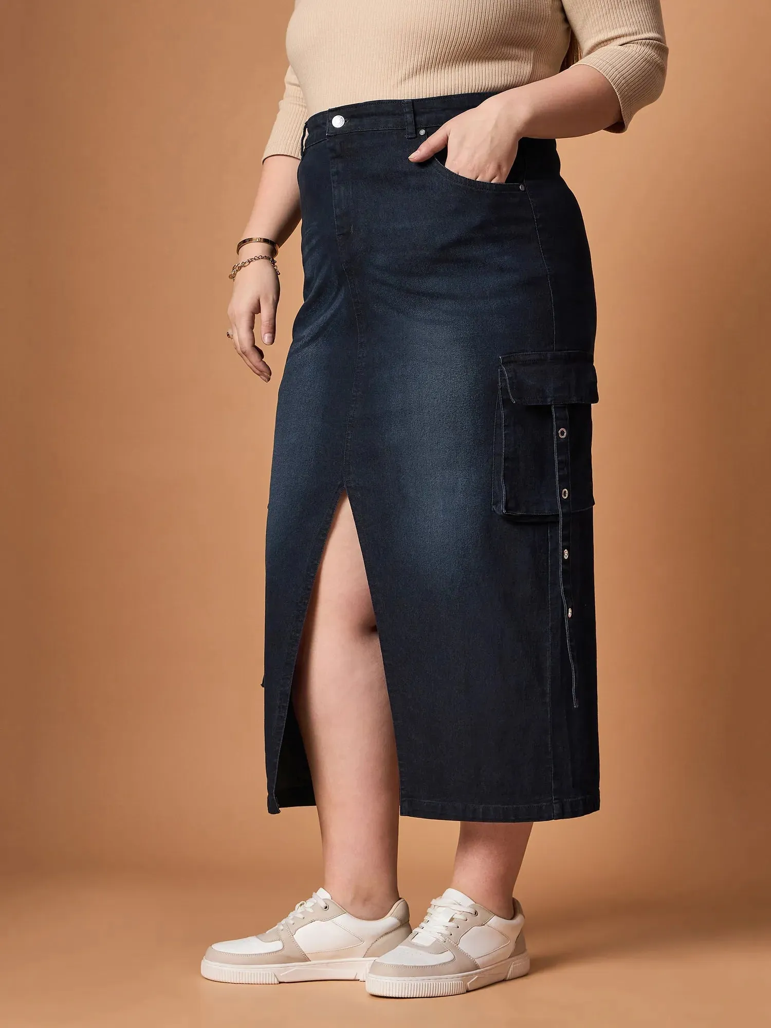 Women Black Blast Denim Side Pocket Skirt-SFSKRT30464