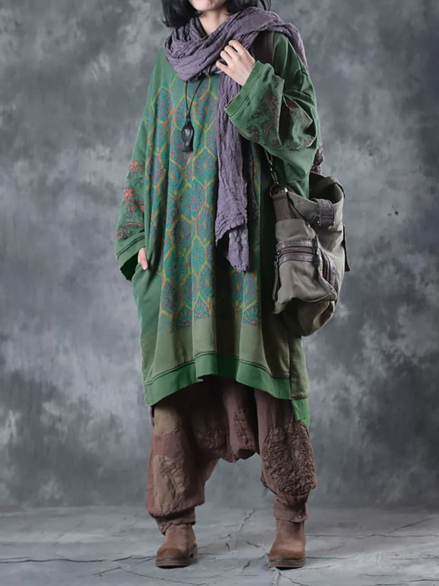 Women Casual Autumn Worn Flower O-Neck Cotton Dress