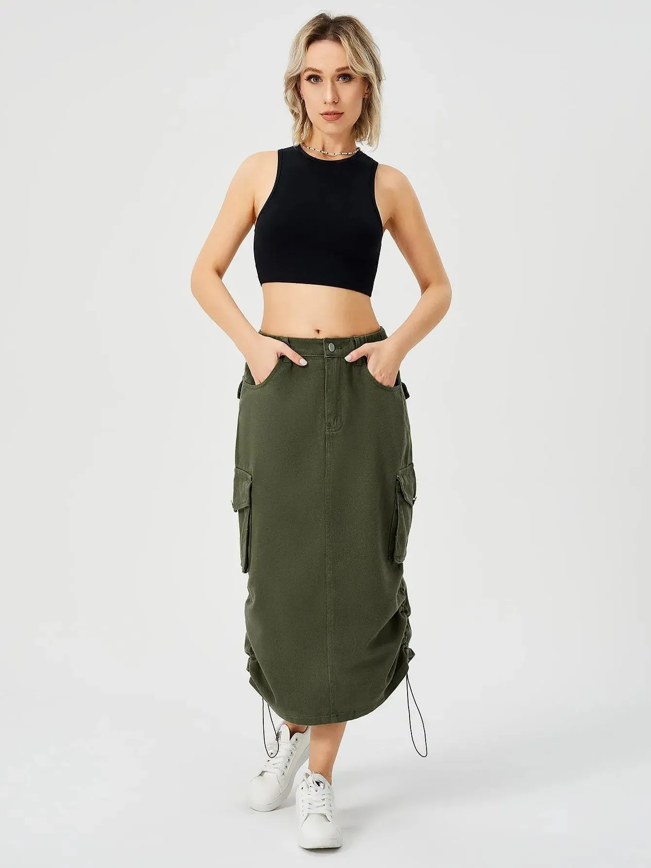 Women Casual Street wear High waisted Pencil Midi Cargo Skirt