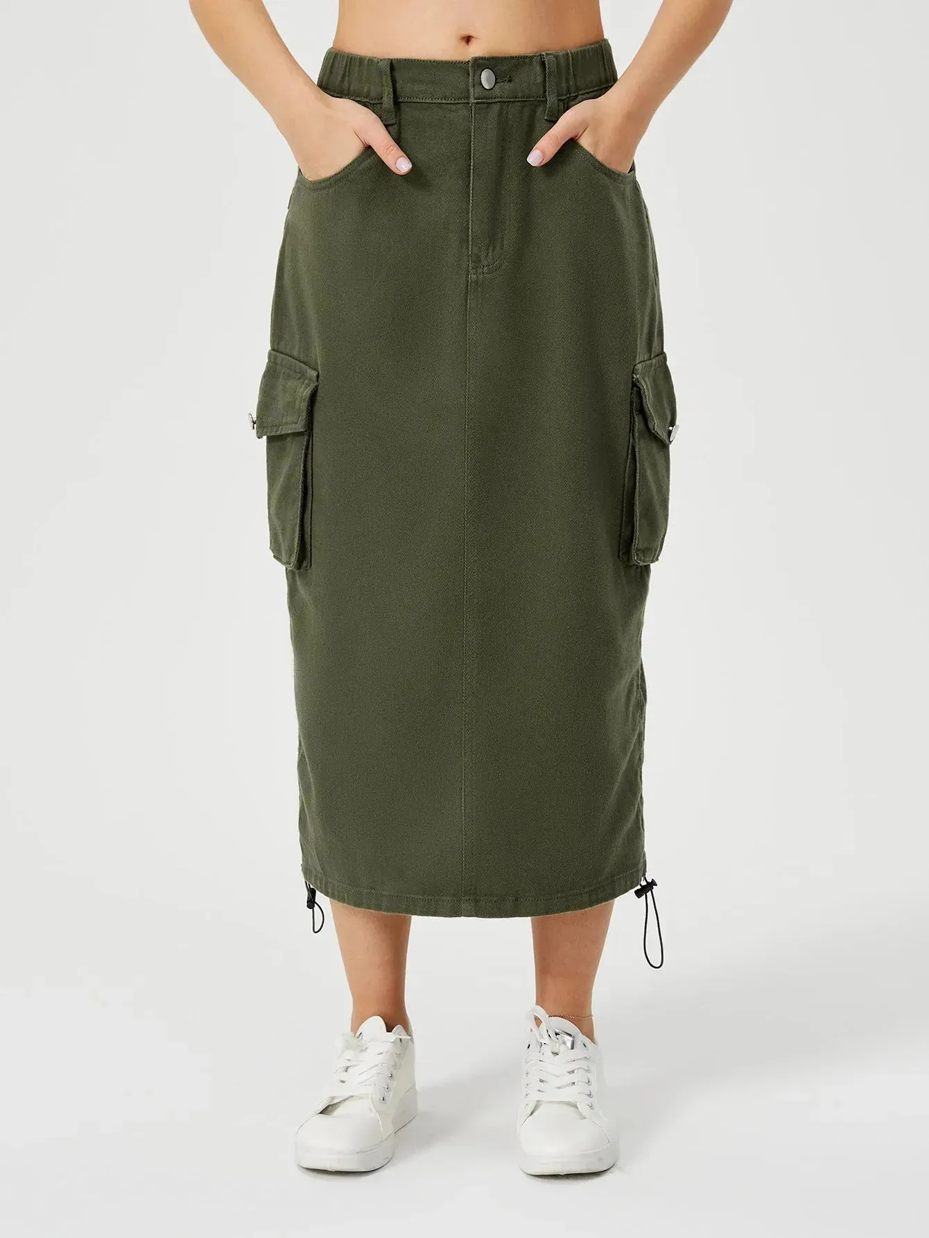 Women Casual Street wear High waisted Pencil Midi Cargo Skirt