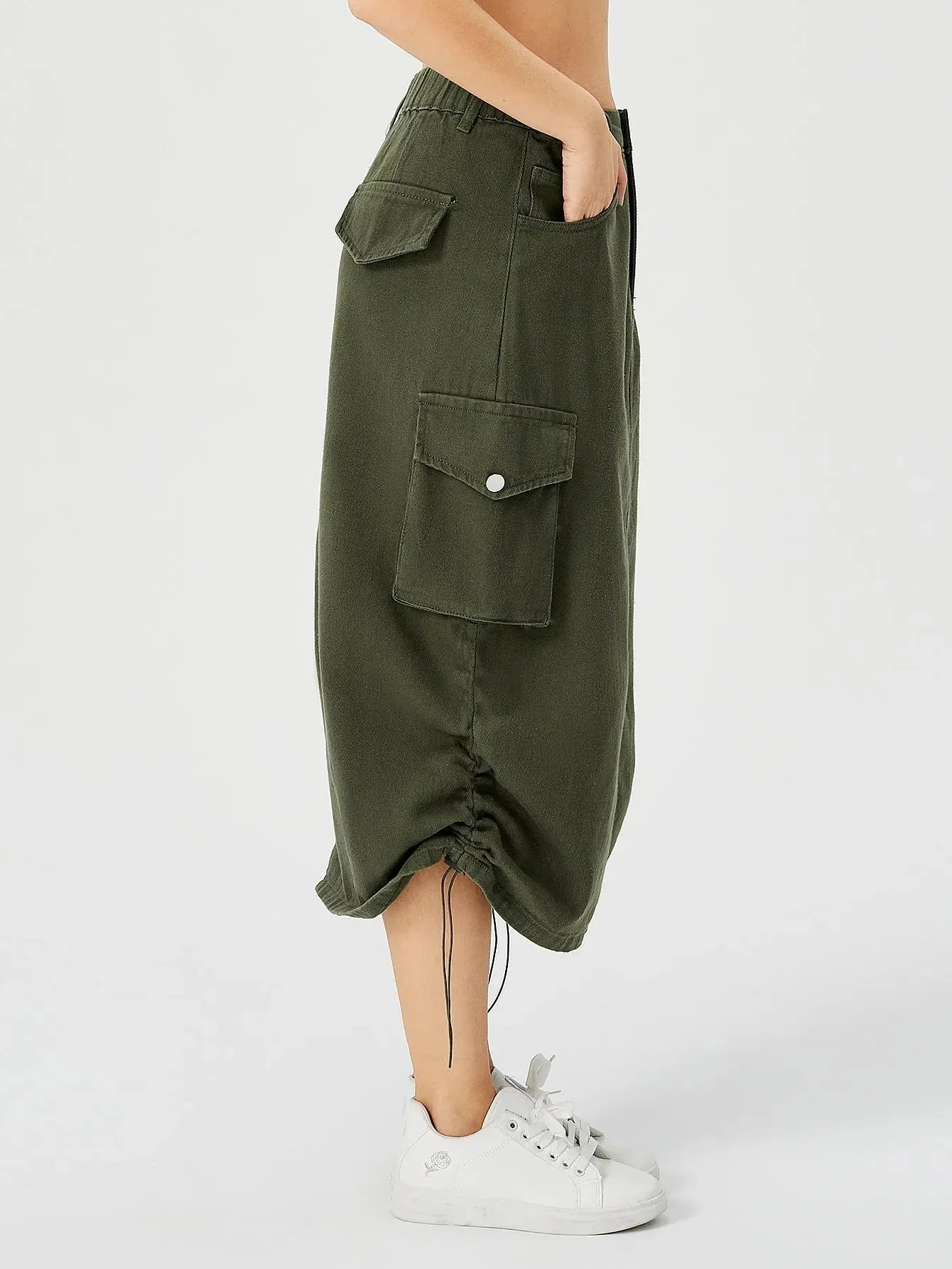 Women Casual Street wear High waisted Pencil Midi Cargo Skirt