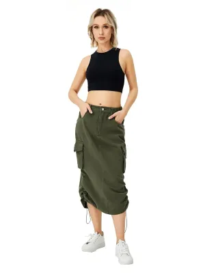 Women Casual Street wear High waisted Pencil Midi Cargo Skirt