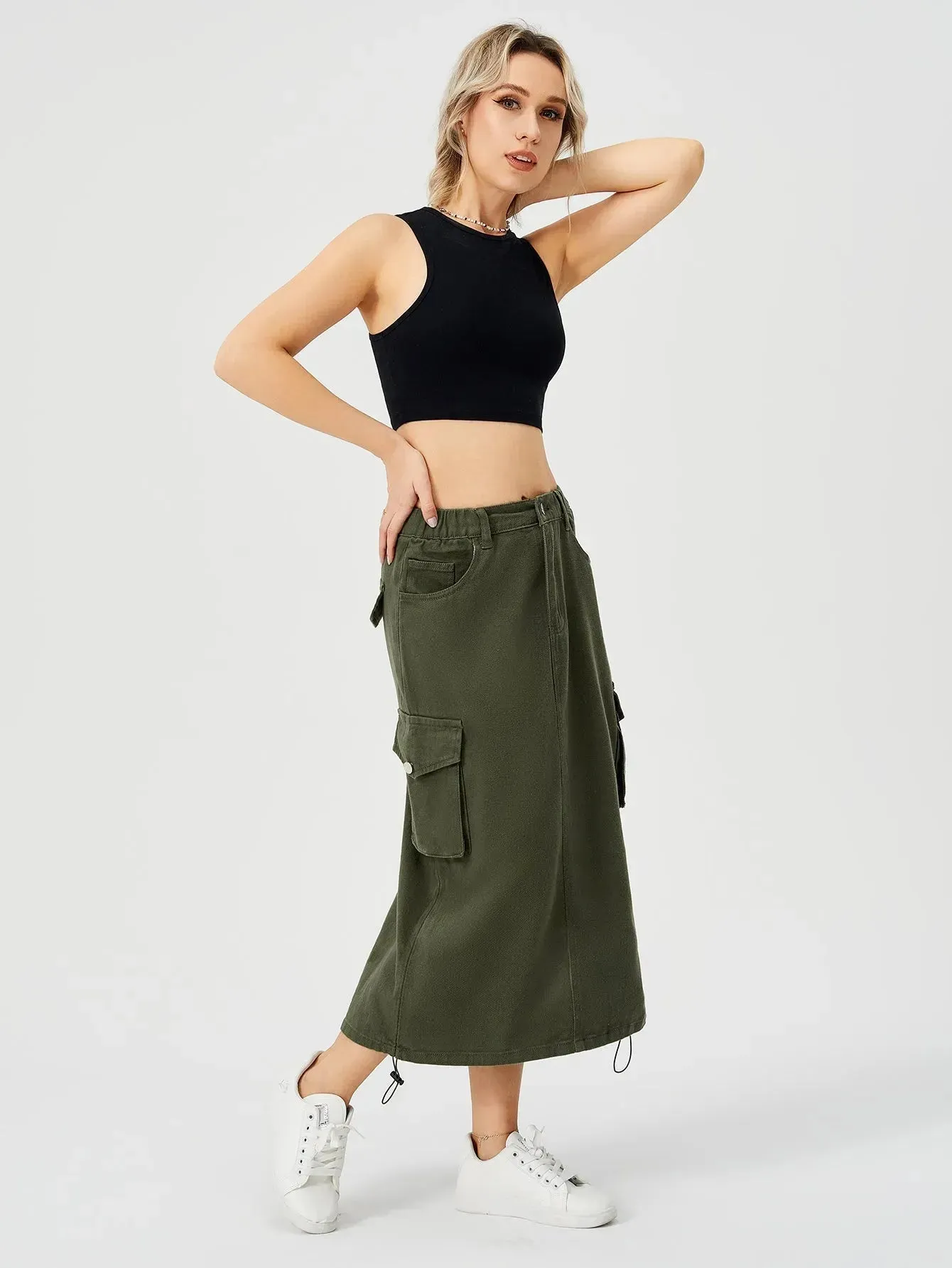 Women Casual Street wear High waisted Pencil Midi Cargo Skirt