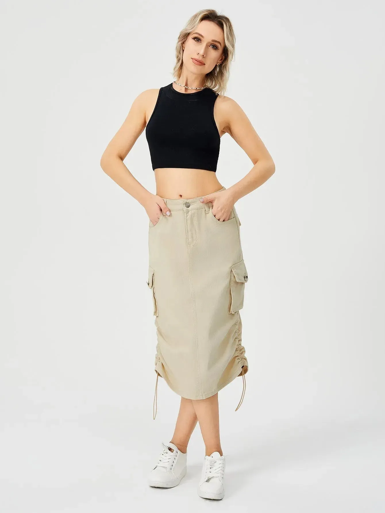 Women Casual Street wear High waisted Pencil Midi Cargo Skirt