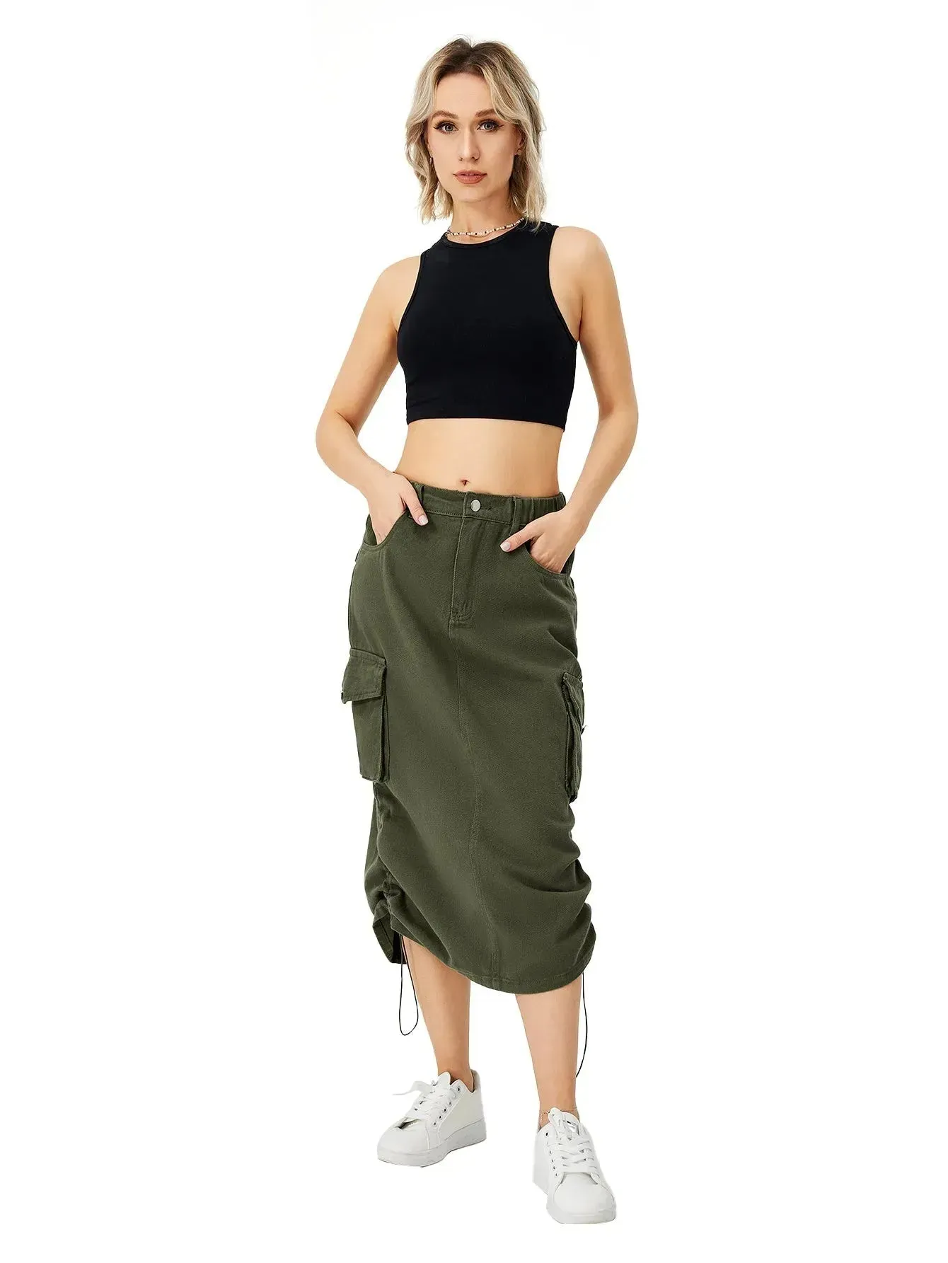 Women Casual Street wear High waisted Pencil Midi Cargo Skirt