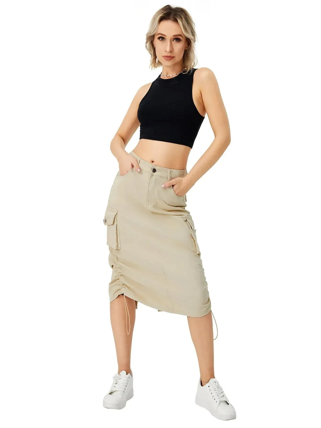 Women Casual Street wear High waisted Pencil Midi Cargo Skirt