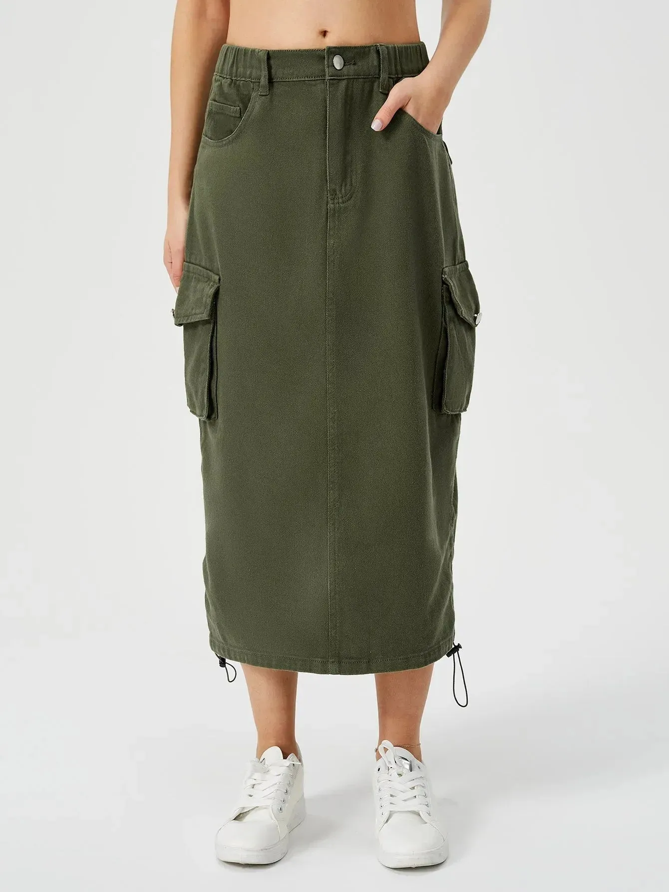 Women Casual Street wear High waisted Pencil Midi Cargo Skirt