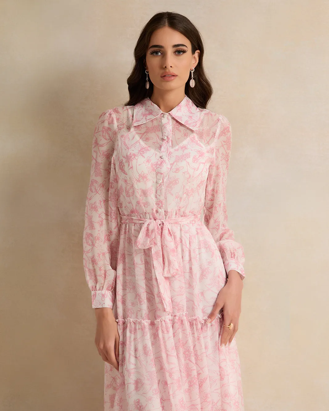 Women Pink Printed Collared Maxi Dress