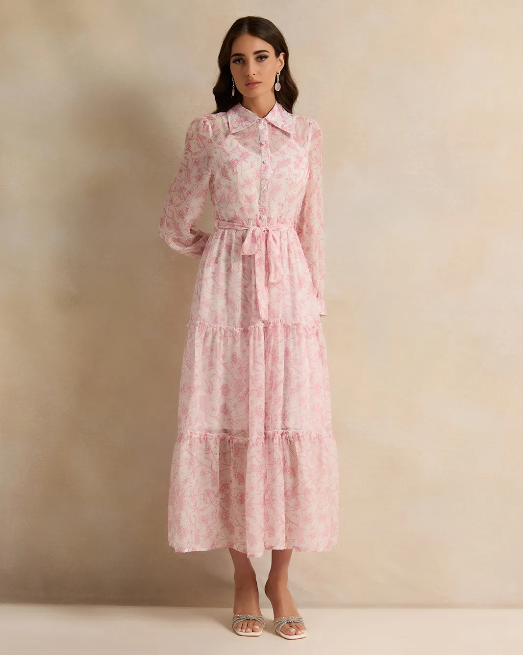 Women Pink Printed Collared Maxi Dress