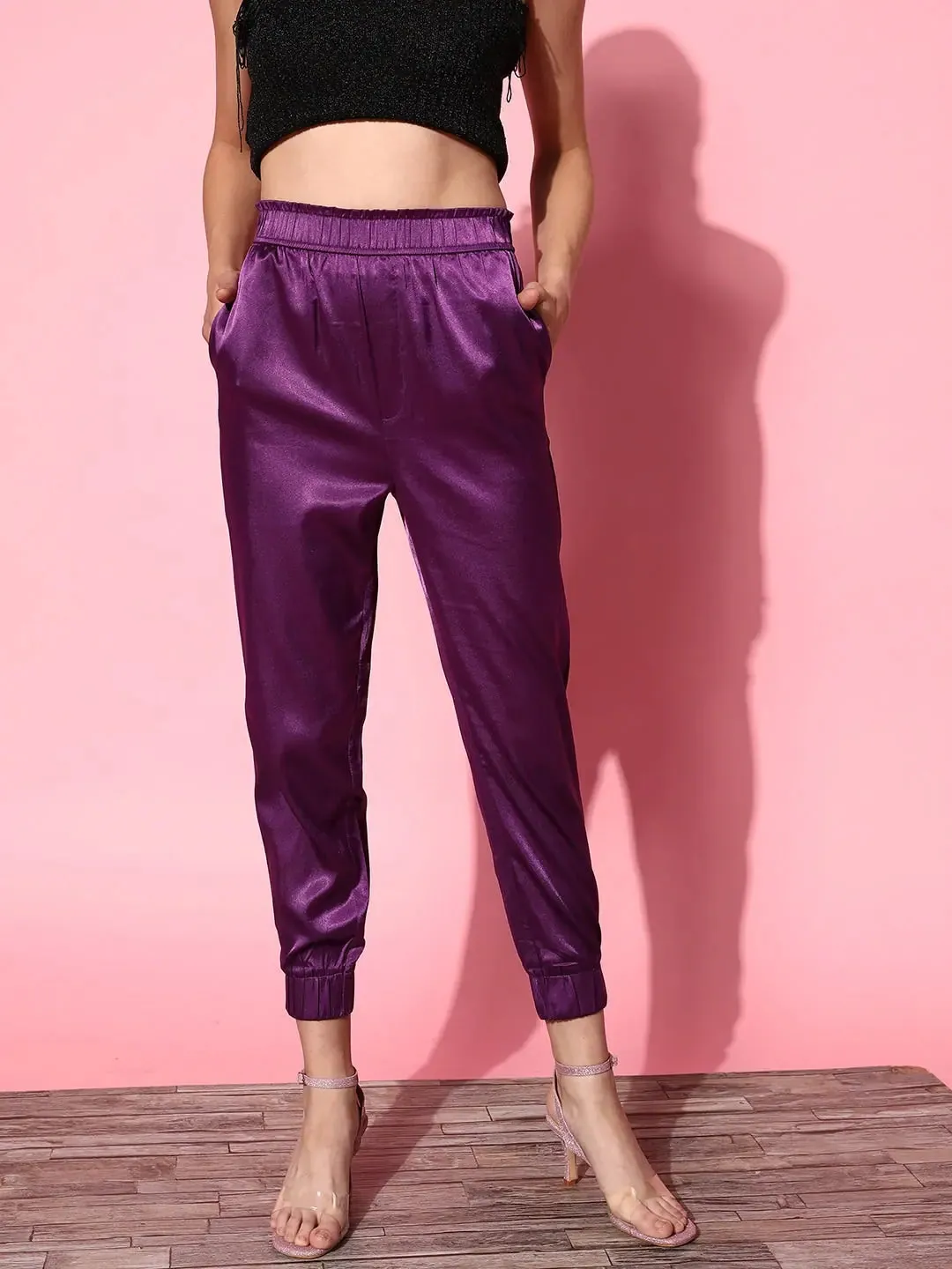 Women Purple Lycra Satin Jogger Pants