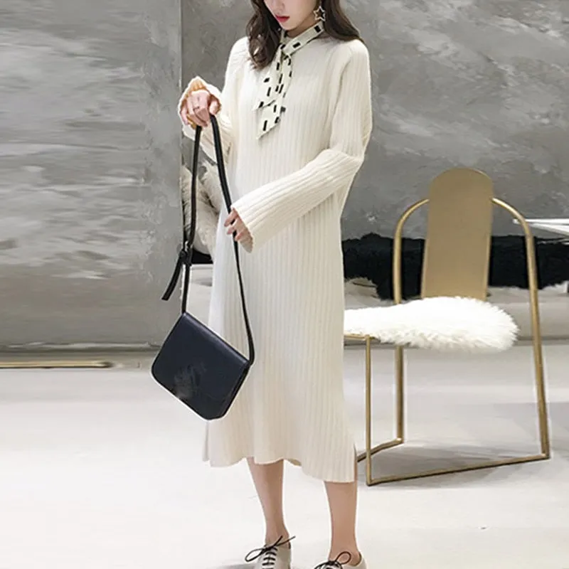 Women Winter Knit Dresses  Europe Long Sleeve O-Collar Casual Loose Warm Maxi Sweater Dress Plus Size Women's Clothing
