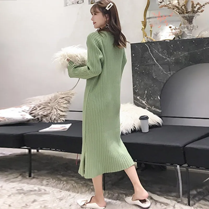 Women Winter Knit Dresses  Europe Long Sleeve O-Collar Casual Loose Warm Maxi Sweater Dress Plus Size Women's Clothing