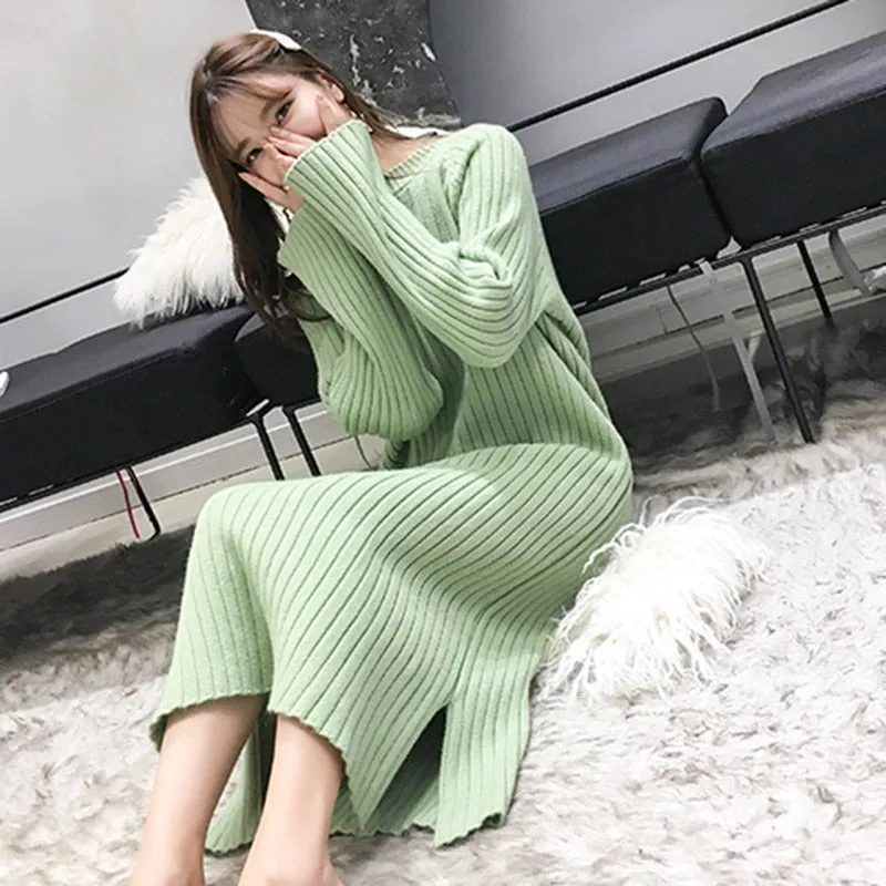 Women Winter Knit Dresses  Europe Long Sleeve O-Collar Casual Loose Warm Maxi Sweater Dress Plus Size Women's Clothing