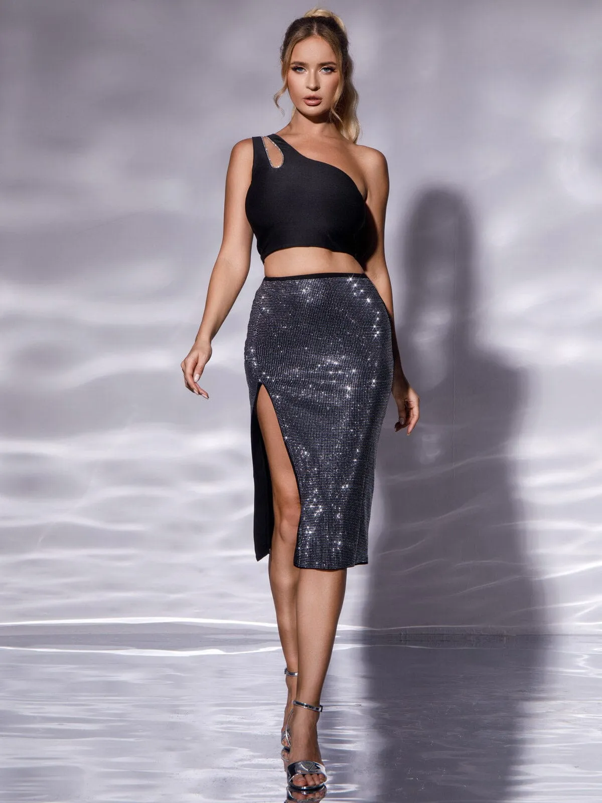 WOMEN'S ELASTIC WAIST FRONT SLIT STUDS MIDI SKIRT