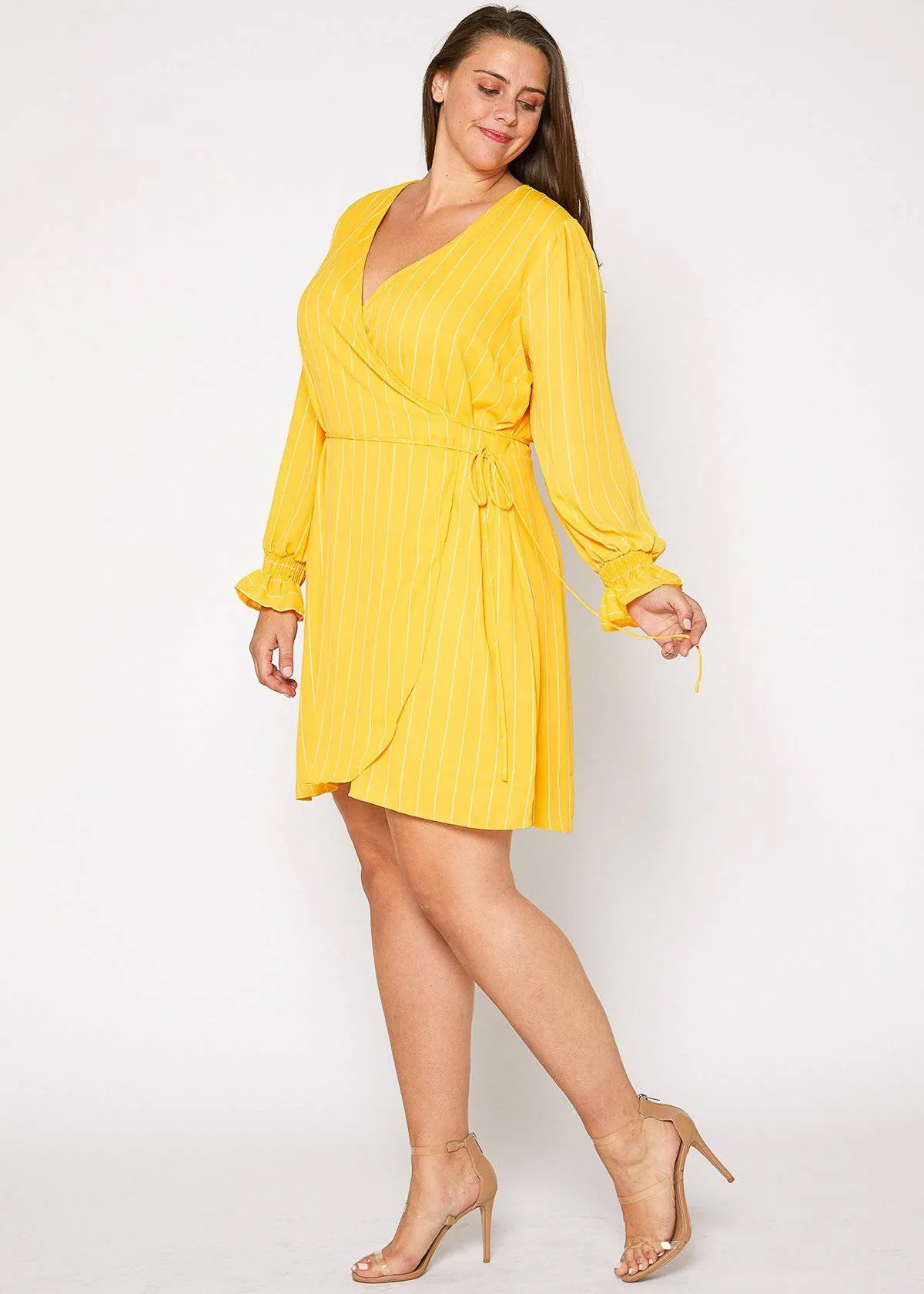 Women's Plus Size Smocked Bell Sleeve Wrap Dress in Yellow
