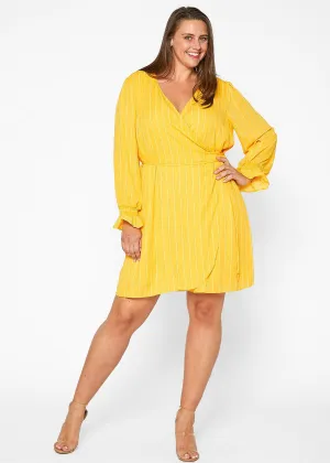 Women's Plus Size Smocked Bell Sleeve Wrap Dress in Yellow