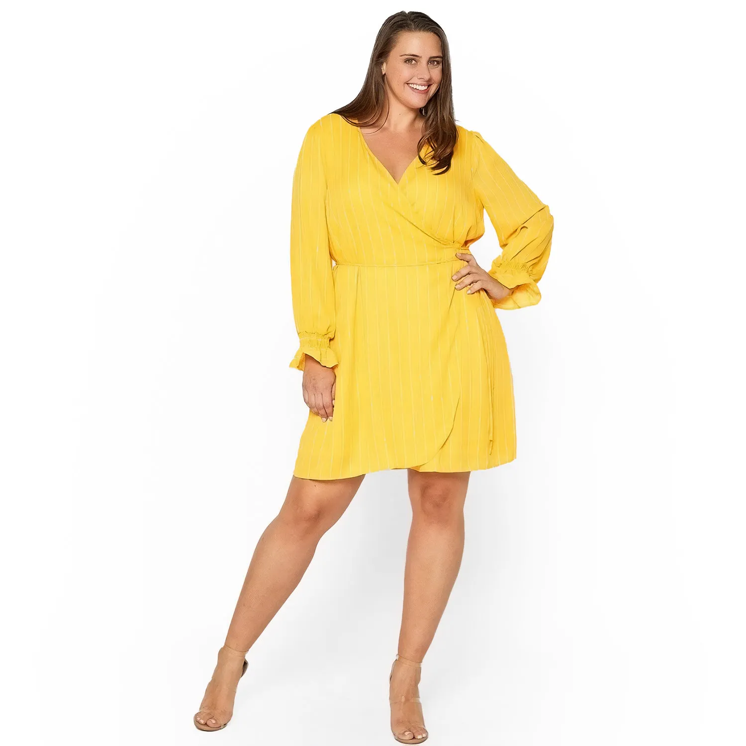 Women's Plus Size Smocked Bell Sleeve Wrap Dress in Yellow