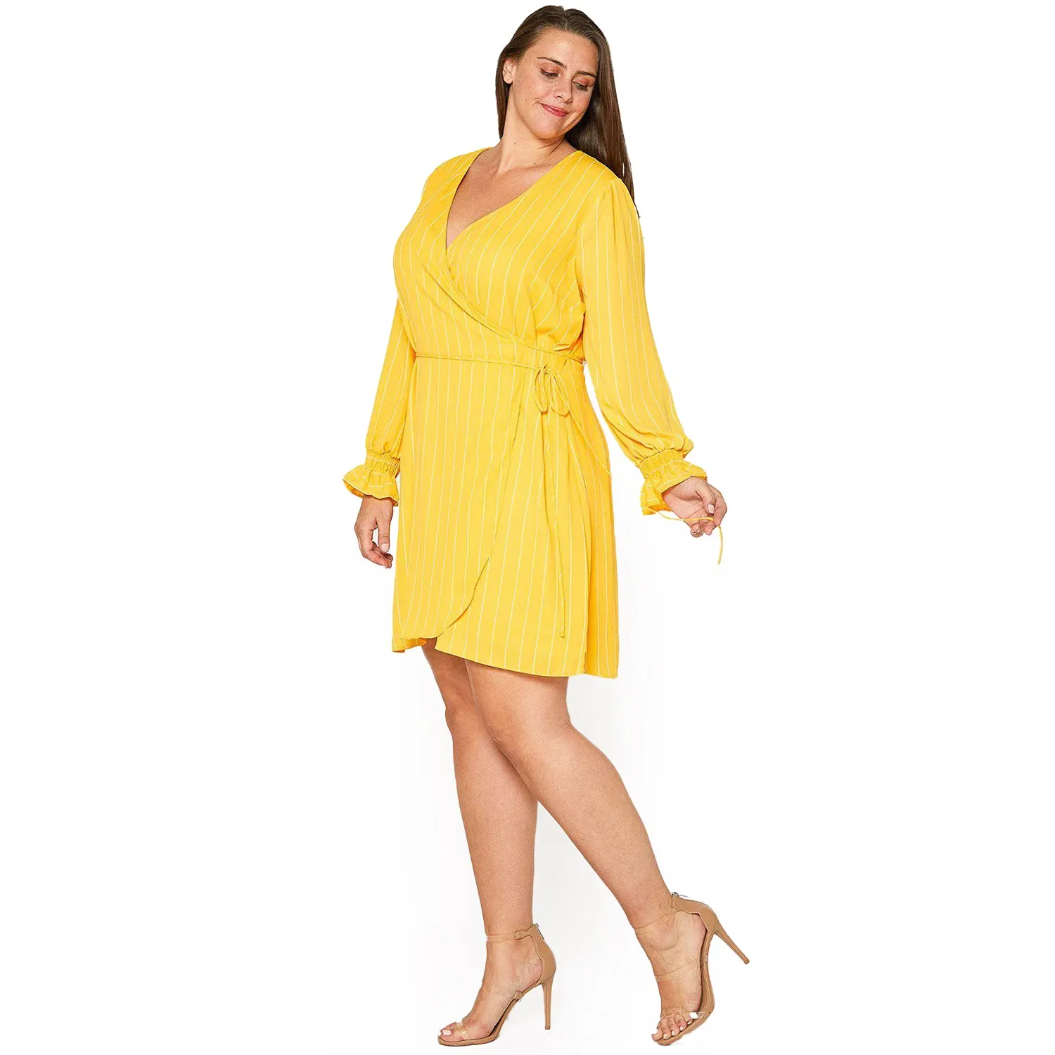 Women's Plus Size Smocked Bell Sleeve Wrap Dress in Yellow
