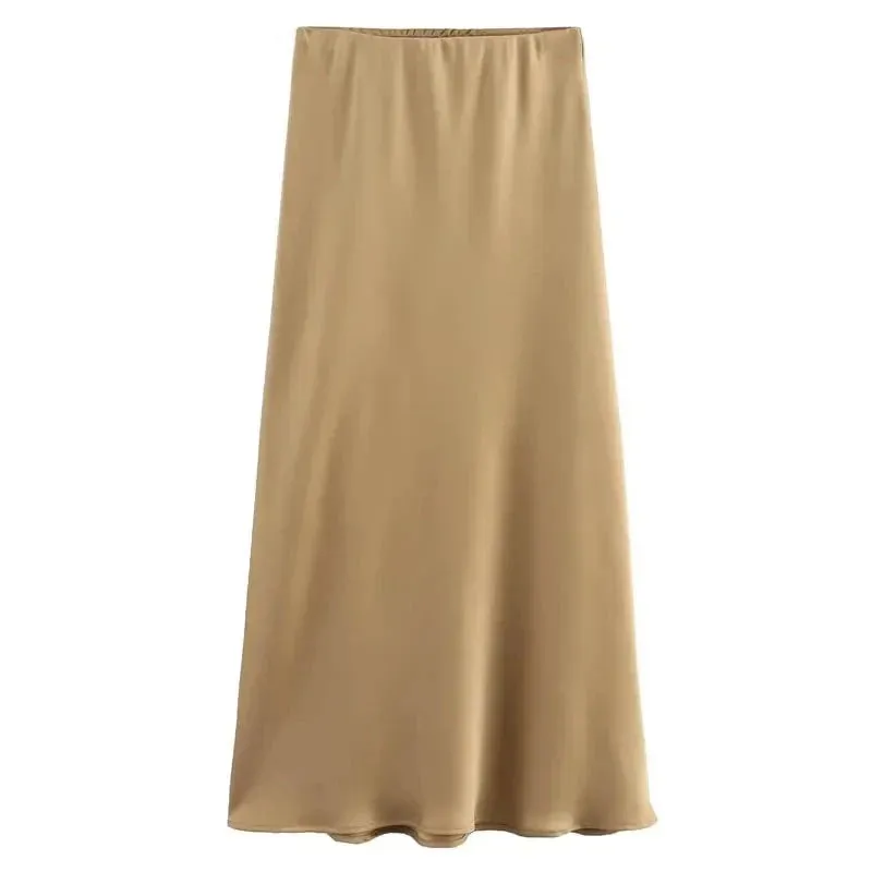 Women's Skirts Basic Satin Skirt High Waist Stylish Long Skirts Midi Chic And Elegan