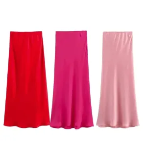 Women's Skirts Basic Satin Skirt High Waist Stylish Long Skirts Midi Chic And Elegan