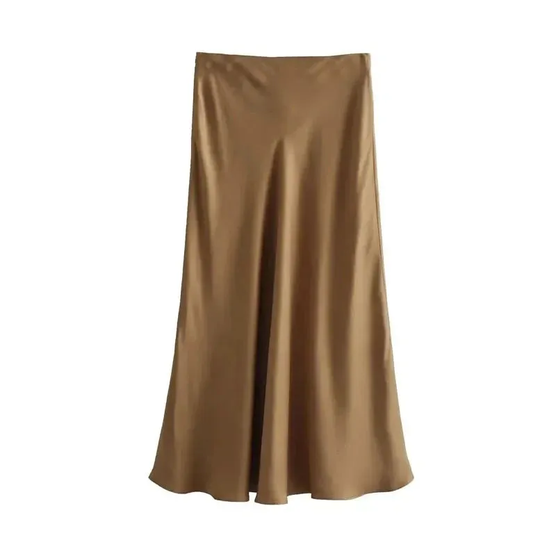 Women's Skirts Basic Satin Skirt High Waist Stylish Long Skirts Midi Chic And Elegan